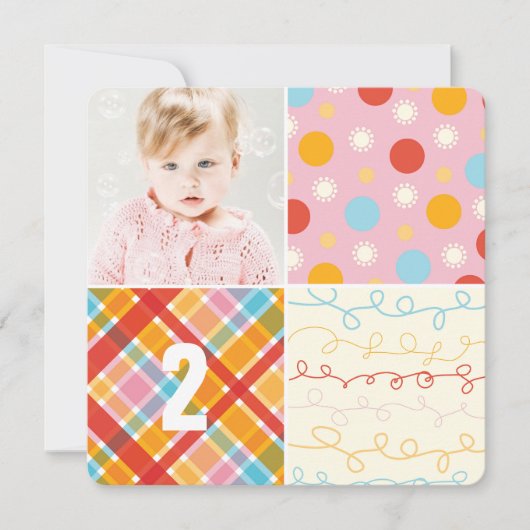Roze Patchwork Pattern Squares Girl Foto van Birth Kaart (Voorkant)