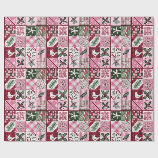 Roze patchwork quilt met een vogel en hulst blader cadeaupapier (Vlak)