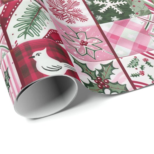 Roze patchwork quilt met een vogel en hulst blader cadeaupapier (Rol Hoek)