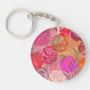 Roze patroon met bloemen en planten sleutelhanger