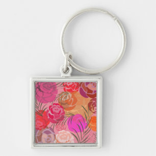 Roze patroon met bloemen en planten sleutelhanger