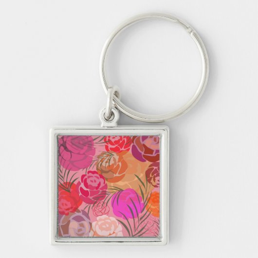 Roze patroon met bloemen en planten sleutelhanger (Voorkant)
