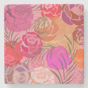 Roze patroon met bloemen en planten stenen onderzetter