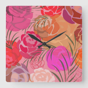 Roze patroon met bloemen en planten vierkante klok