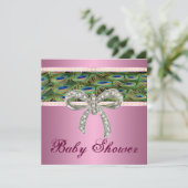 Roze pauw Diamond Bow Baby shower Invitation Kaart (Staand voorkant)