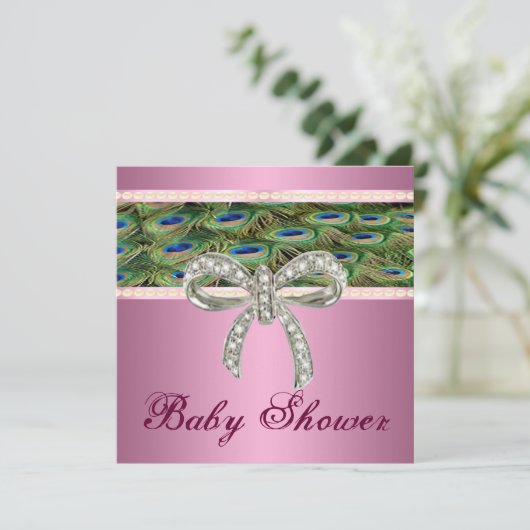 Roze pauw Diamond Bow Baby shower Invitation Kaart (Staand voorkant)