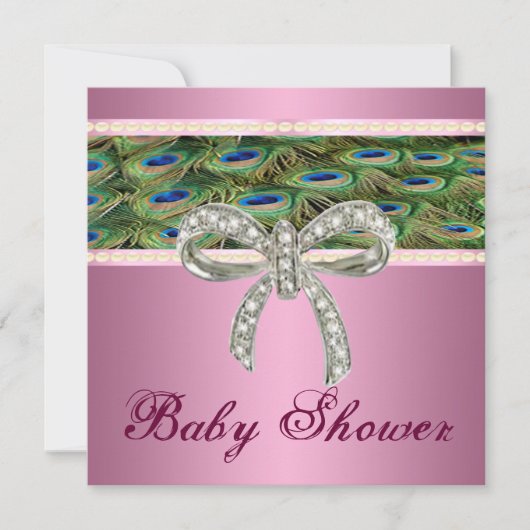 Roze pauw Diamond Bow Baby shower Invitation Kaart (Voorkant)
