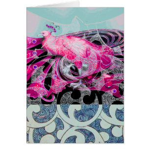 ROZE PAUW MET BLAUWE BLOEMEN EN GEOMETRISCHE KRULL