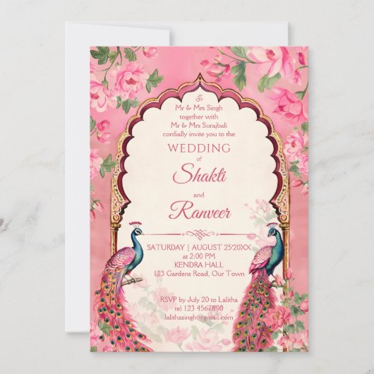  roze pauwen Indiase bruiloft Kaart (Voorkant)