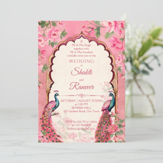  roze pauwen Indiase bruiloft Kaart (Staand voorkant)