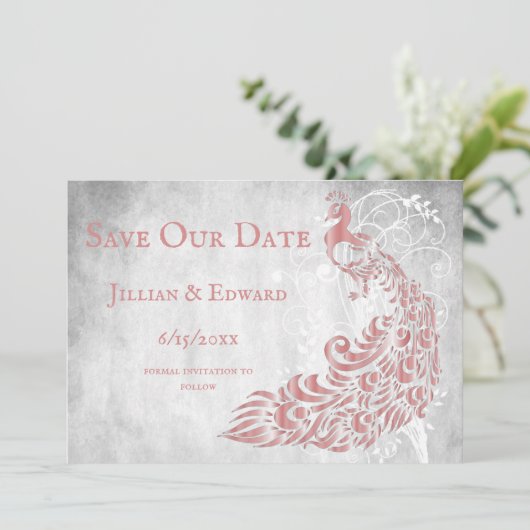 Roze Pauwenoog Blad Wijnstok Save The Date Aankond Aankondiging (Staand voorkant)