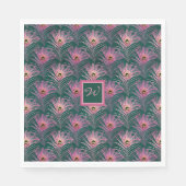 Roze Pauwveren en Monogram op Diep Groen Servet (Voorkant)