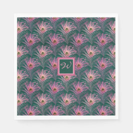 Roze Pauwveren en Monogram op Diep Groen Servet