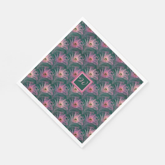 Roze Pauwveren en Monogram op Diep Groen Servet (Hoek)