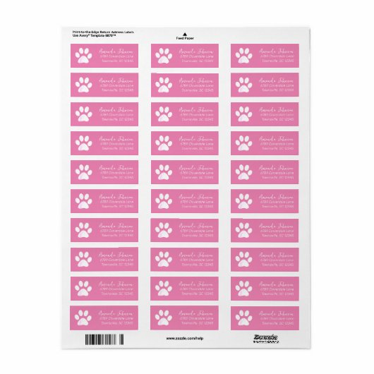 Roze Paw Print retour adres label (Full Sheet)