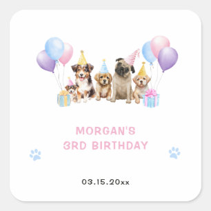 Roze Pawty Puppies Verjaardagsfeest Vierkante Sticker