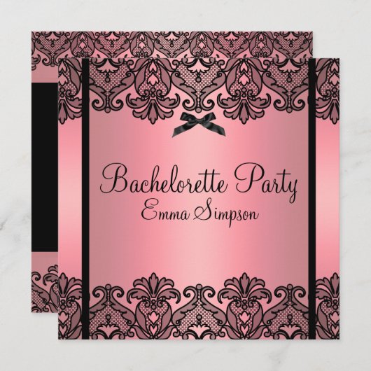 Roze peach & Black Damask Lace Bachelorette Invite Kaart (Voorkant / Achterkant)