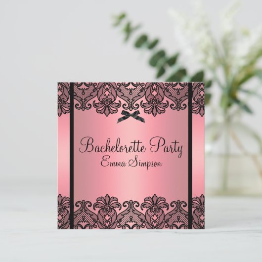 Roze peach & Black Damask Lace Bachelorette Invite Kaart (Staand voorkant)