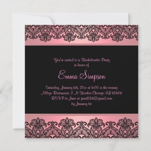 Roze peach & Black Damask Lace Bachelorette Invite Kaart (Achterkant)