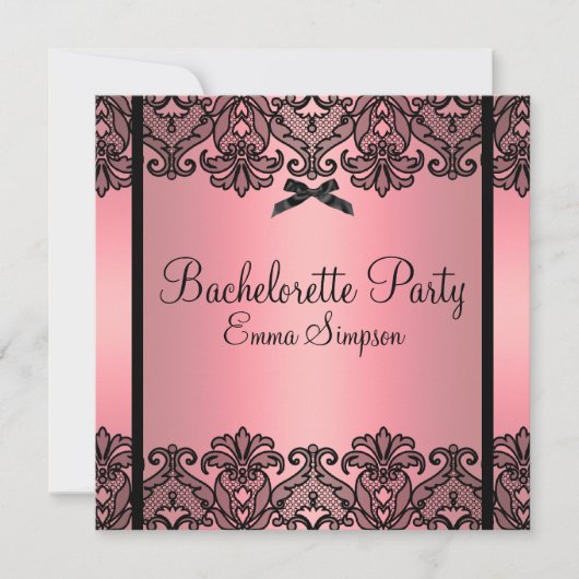 Roze peach & Black Damask Lace Bachelorette Invite Kaart (Voorkant)