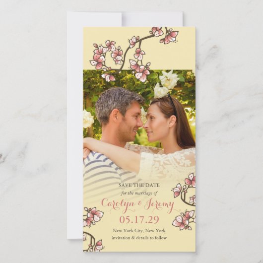 Roze peach bloesems Asian Save the Date Photo Card (Voorkant)