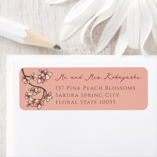 Roze Peach Blossom Flowers Asian Weduwadres Etiket (Insitu)