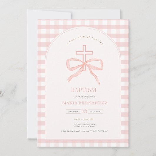 Roze Peach Bow Coquette Doop Uitnodigen Kaart (Voorkant)