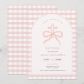 Roze Peach Bow Coquette Doop Uitnodigen Kaart (Voorkant / Achterkant)