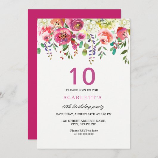 Roze Peach Flowers 10th Birthday Party Invitation Kaart (Voorkant / Achterkant)