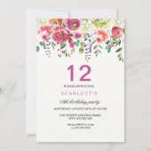 Roze Peach Flowers 12th Birthday Party Invitation Kaart (Voorkant)