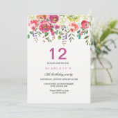 Roze Peach Flowers 12th Birthday Party Invitation Kaart (Staand voorkant)