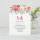 Roze Peach Flowers 14th Birthday Party Invitation Kaart (Staand voorkant)