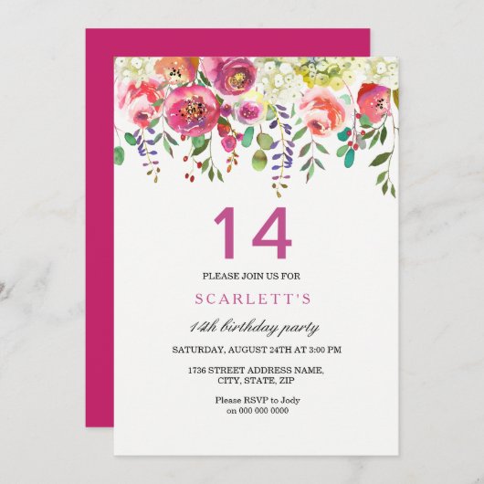 Roze Peach Flowers 14th Birthday Party Invitation Kaart (Voorkant / Achterkant)