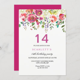 Roze Peach Flowers 14th Birthday Party Invitation Kaart