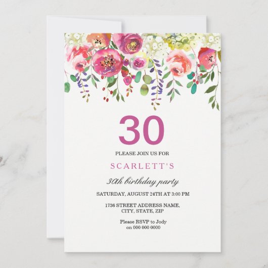 Roze Peach Flowers 30th Birthday Party Invitation Kaart (Voorkant)