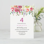 Roze Peach Flowers 4th Birthday Party Invitation Kaart (Staand voorkant)