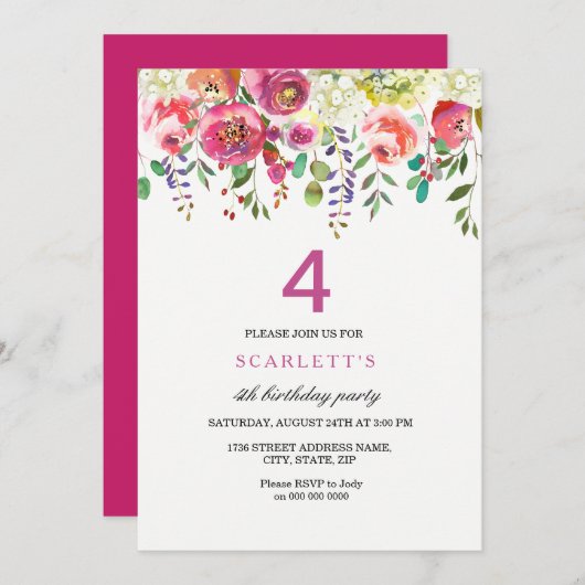 Roze Peach Flowers 4th Birthday Party Invitation Kaart (Voorkant / Achterkant)