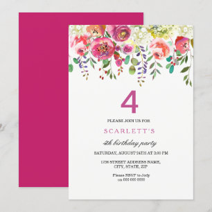 Roze Peach Flowers 4th Birthday Party Invitation Kaart