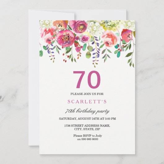 Roze Peach Flowers 70th Birthday Party Invitation Kaart (Voorkant)