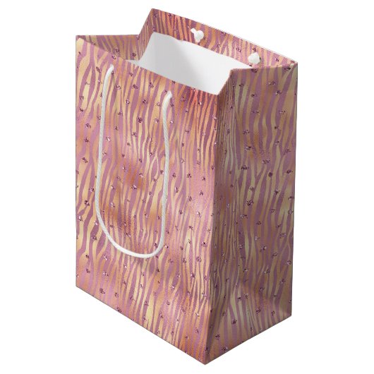 Roze Peach Glitzy Glitter Sparkle Zebra Print Medium Cadeauzakje (Voorkant Gekanteld)