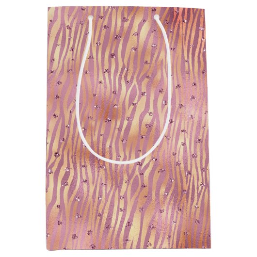 Roze Peach Glitzy Glitter Sparkle Zebra Print Medium Cadeauzakje (Voorkant)