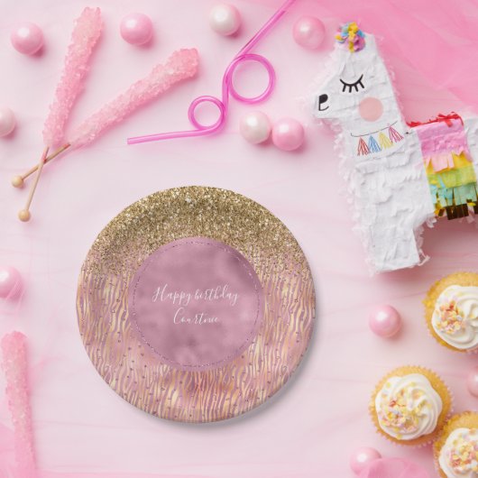 Roze Peach Glitzy Gold Glitter Sparkle Zebra Print Papieren Bordje (Feest)
