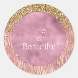 Roze Peach Glitzy Gold Glitter Sparkle Zebra Print Ronde Sticker