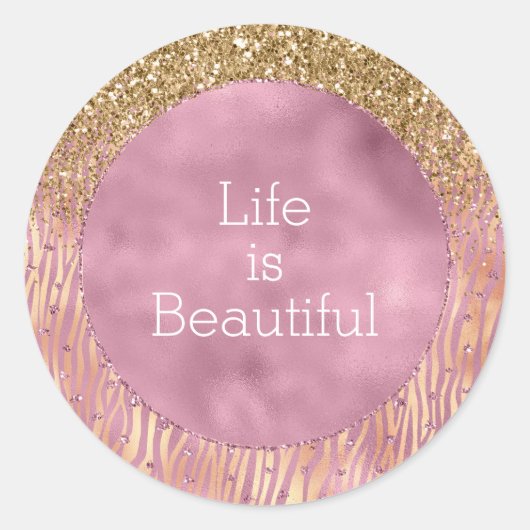 Roze Peach Glitzy Gold Glitter Sparkle Zebra Print Ronde Sticker (Voorkant)