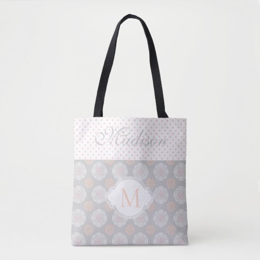 Roze Peach Grey Stippen Trendy Initiaal Monogram Tote Bag (Voorkant)