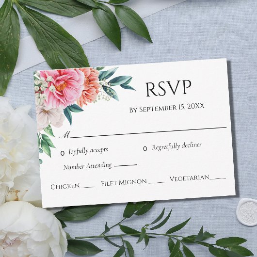 Roze peach peonies Floral Eucalyptus Weddenschap RSVP Kaartje