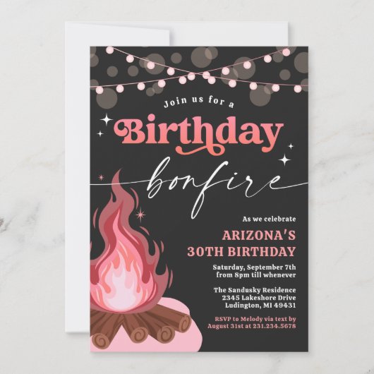 Roze + Peach Verjaardag Bonfire uitnodiging (Voorkant)