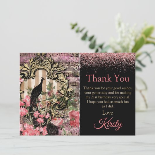  Roze Peacock Birthday Dank je Bedankkaart (Staand voorkant)