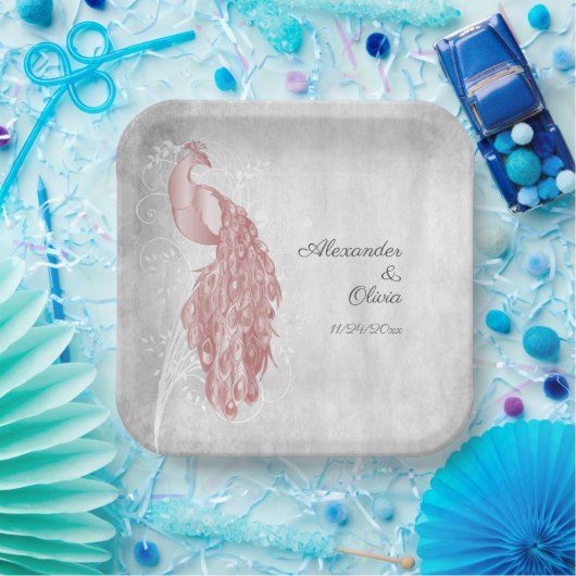 Roze Peacock Bruiloft Douche Papier Borden Papieren Bordje (Feest)