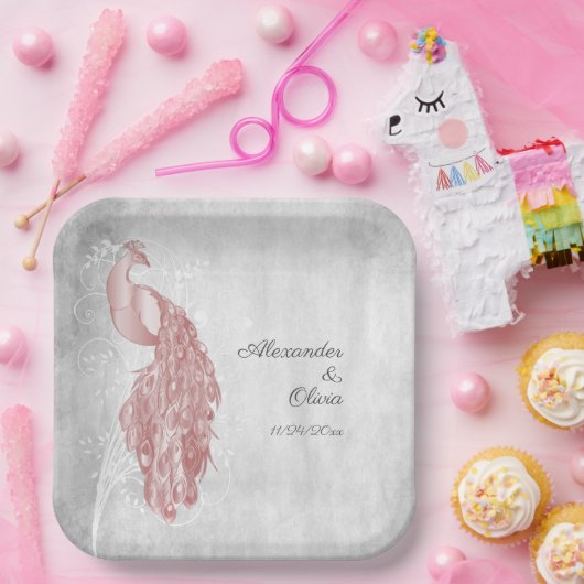 Roze Peacock Bruiloft Douche Papier Borden Papieren Bordje (Feest)